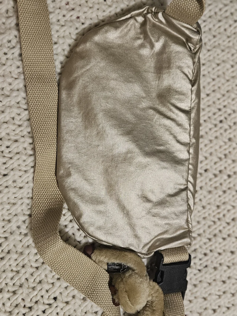 Kipling Metallic Champagne Crossbody Belt Bag With Monkey Chain. Fall, Trendy